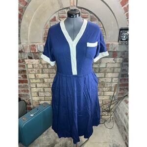 dress knit swing skirt pockets navy blue white casual
